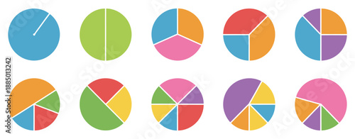 Pie charts diagrams, colorful donut and pie circle icons for infographic design, statistics display, marketing reports, vector illustration.