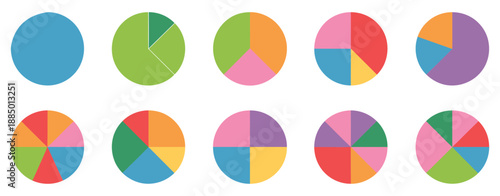 Pie charts diagrams, colorful donut and pie circle icons for infographic design, statistics display, marketing reports, vector illustration.