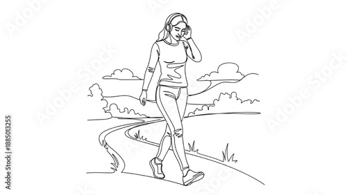High-Quality Continuous Line Colorful Icons of Mindful Outdoor Walk, Guided Meditation with Headphones