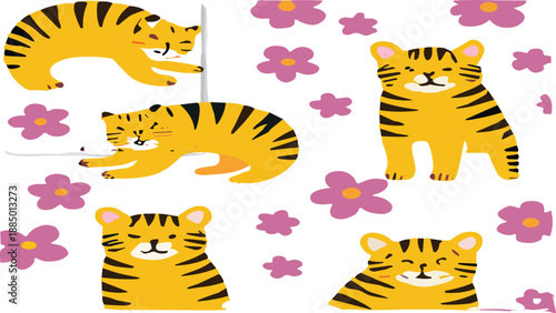 Cute Cartoon Tiger Set Vector Illustration with Playful Baby Tigers, Flowers, and Hand Drawn Animal Characters