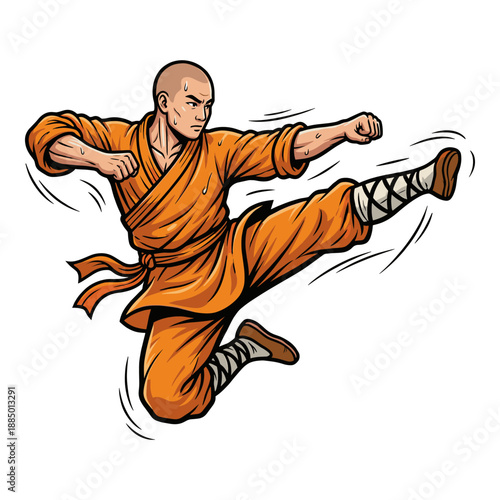 Shaolin Monk Demonstrating Strength and Skill in Striking Stance