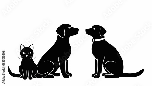 Silhouette of a cat and two dogs facing each other.
