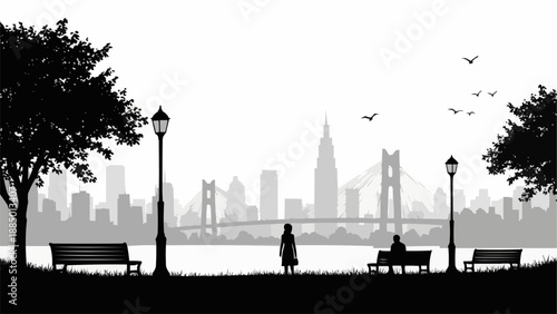 Silhouette of a city skyline with a park in the foreground.