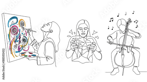 High-Quality Continuous Line Colorful Icons of Creative Stress Relief, Abstract Painting, Paper Release, Music Relaxation