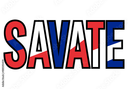 Savate word mark design with flag colors applied on letters 