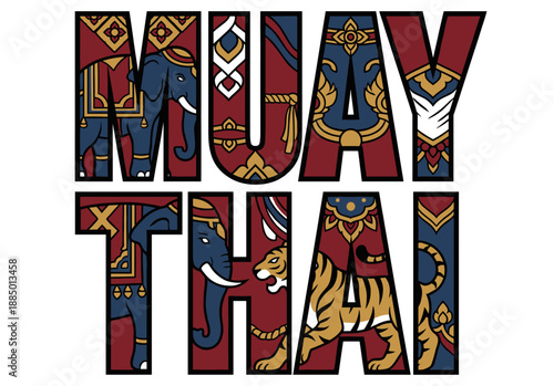 Muay Thai text with elephant and tiger illustrations