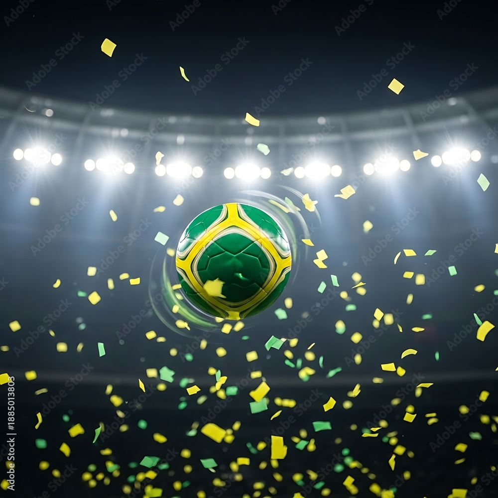 Fototapeta premium Dynamic green and yellow soccer ball spins mid-air, surrounded by festive confetti, brightly lit by stadium lights, portraying a thrilling celebration.