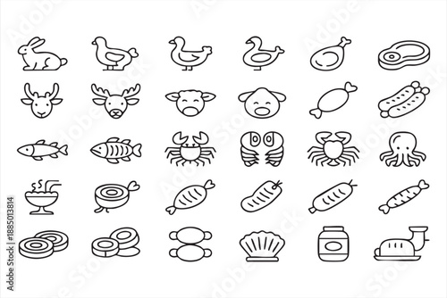 Meat and Seafood Line Icons for Food Menus and Restaurant Design