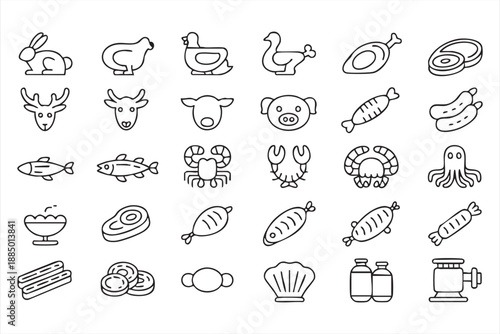 Animal Protein and Food Ingredient Line Icons Set