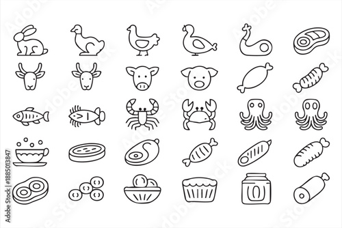 Livestock Poultry and Seafood Line Icons Collection