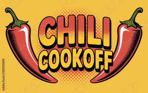 Pop art chili cook-off banner, halftone dots and comic book style illustration for food festivals, spicy events, marketing posters.