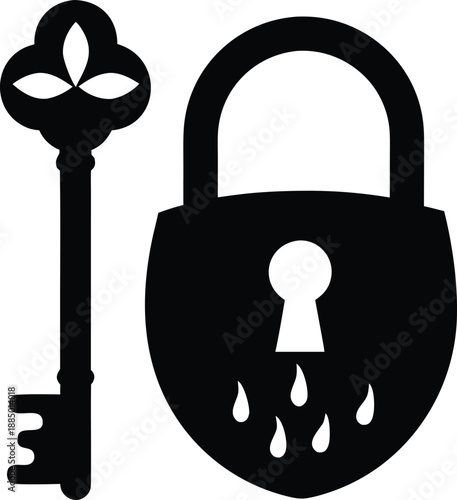 Vintage ornamental key beside a closed padlock with dripping elements on its surface