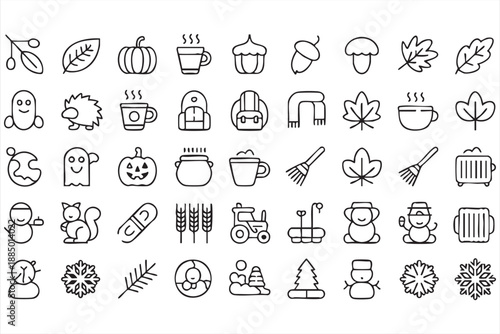 Halloween Harvest and Cozy Winter Line Icons Collection