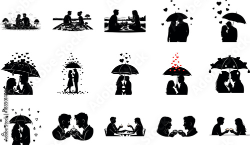 Couple sharing romantic kiss under umbrella in rain hearts vector illustration