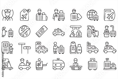 Airline Travel and Luggage Line Icons Set