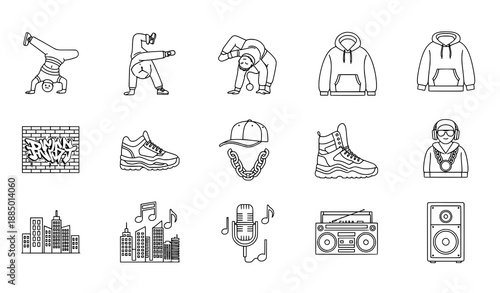 Minimal outline hip hop lifestyle icons vector set for urban culture projects