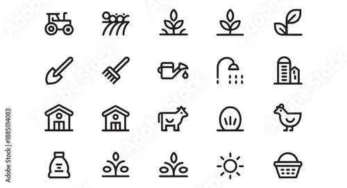 Farming and agriculture icons simple line art for organic food production and rural life isolated on