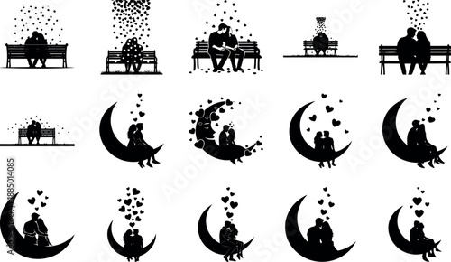 Couple under moon with hearts romantic love scene flat design vector illustration