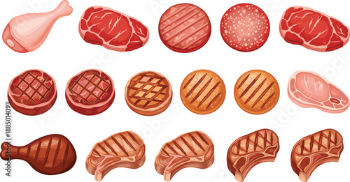 Vector set of raw and grilled meat products including beef steaks, chicken drumsticks, sausages, pork chops, and hamburger patties on white background.