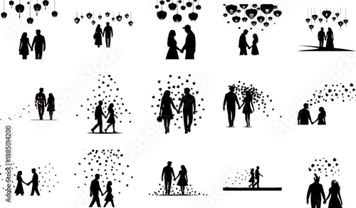 Couple holding hands with falling hearts and wedding silhouette vector illustration
