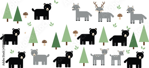 Cute Seamless Woodland Animal Pattern Vector with Bears, Deer, Wolves, Trees, Mushrooms, and Forest Nature Elements