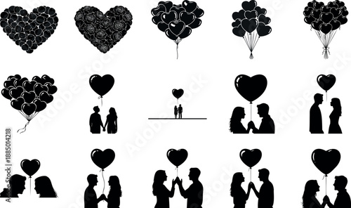 Couple with heart balloons romantic love celebration vector illustration flat design