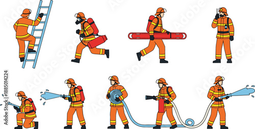 Flat vector illustration set of firefighters in orange uniforms performing rescue actions including climbing ladders, using hoses, carrying stretchers, and spraying water.