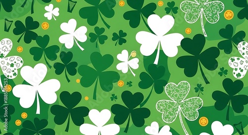 St Patricks Day Seamless Pattern with Green and White Clovers and Harps