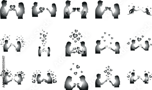 Couple exchanging wedding rings with floating hearts romantic love celebration vector illustration