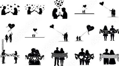 Family flying kite and holding love banner vector illustration flat design