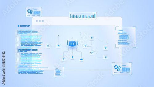 AI workflow automation artificial intelligence. ai agent network diagram dashboard machine learning showing node input, process flow, analytics panel and processing system.