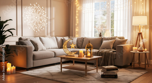 Cozy Ramadan Living Room Interior with Warm Candlelight and Crescent Moon Decor at Night