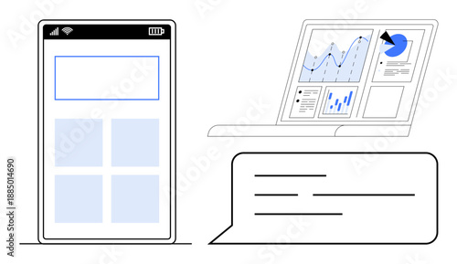 Data analysis, mobile applications, analytics tools, digital communication, business growth, modern design. Smartphone interface, laptop showing graphs and speech bubble. Data analysis and mobile