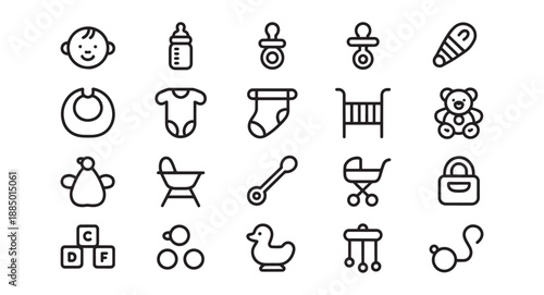 Baby care icons simple line art collection for newborn products and services isolated on white
