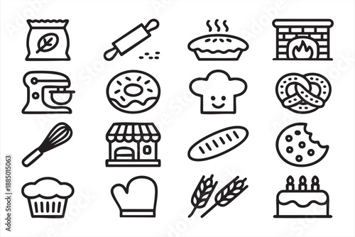 Bakery and Bread Line Icons for Baking and Pastry Design