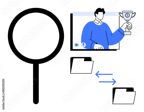 Magnifying glass, winner holding trophy on digital screen, and file transfer icons. Ideal for online recognition, search analytics, data sharing, remote connections, teamwork, achievements success
