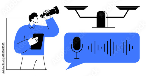 Surveillance, technology innovation, data analysis, remote monitoring, communication systems, journalism. A person with a telescope, a quadcopter and a speech bubble with soundwaves. Surveillance