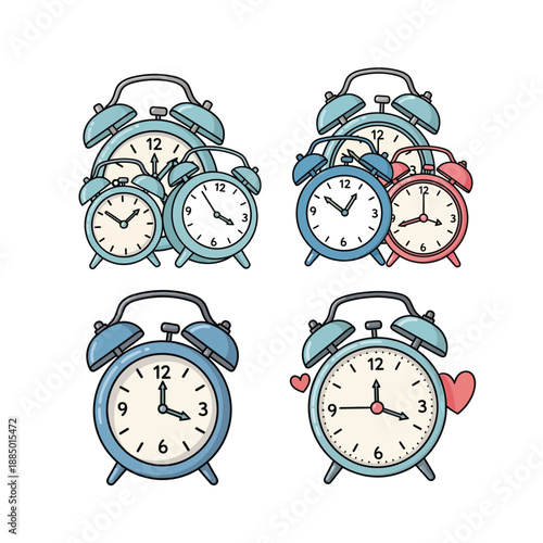 Collection of colorful alarm clocks in different sizes and styles perfect for time management.
