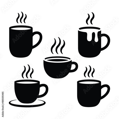 Collection of five stylized black silhouette coffee cups and mugs with steam rising, representing hot beverages and cozy drink concepts