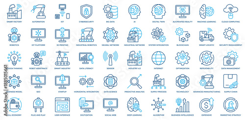 Industry 4.0 Icon Set. Containing Smart Factory, Automation, Iot, Ai, Digital Twin, Augmented Reality, Machine Learning, Cloud Computing, Robotics Icon. Outline Color Style
