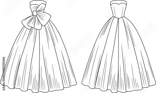 Women's luxurious strapless ballgown technical flat sketch, featuring a voluminous pleated skirt, fitted sweetheart bodice, and oversized draped bow detail at the front, isolated vector illustration