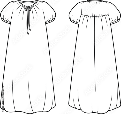 Women's loose nightgown technical flat sketch, featuring short puff sleeves, gathered tie neckline, front and back view, isolated vector illustration fashion design template.