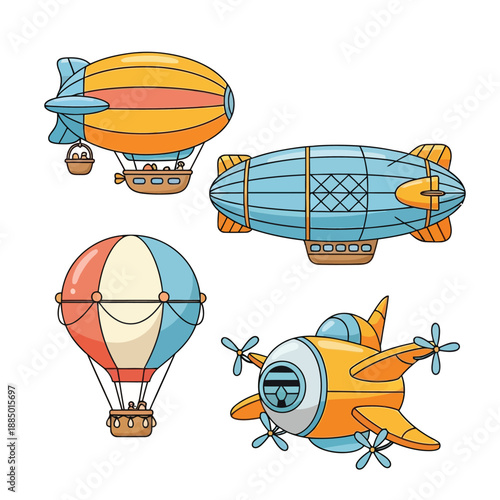 Colorful airships and hot air balloon illustration perfect for travel and adventure themes.