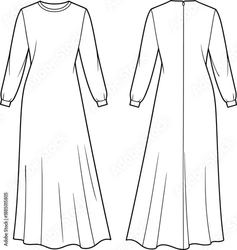 Women's modest long sleeve maxi dress technical flat sketch, featuring round neck, cuffed sleeves, flared hem, front and back view, isolated vector illustration template.