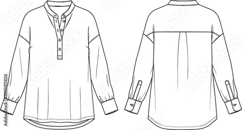 Women's or Unisex Long Sleeve Popover Blouse Technical Fashion Flat Sketch Template, Featuring Band Collar, Button Placket Opening, and Relaxed Fit, Front and Back View Outline Drawing.