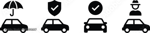 Car insurance and protection icons showing vehicle coverage safety approval theft prevention and security concepts illustration design set.