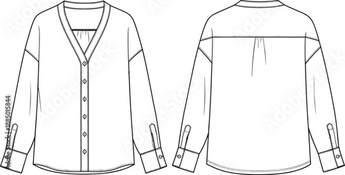Women's or Unisex Long Sleeve V-Neck Blouse Technical Fashion Flat Sketch Template, Featuring Button Placket, Dropped Shoulders, and Squared Cuffs Detail, Front and Back View Outline Drawing.