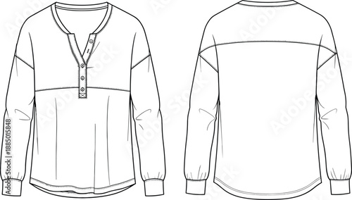 Women's or Unisex Oversized Long Sleeve Henley T-Shirt Technical Fashion Flat Sketch Template, Featuring V-Neckline, Button Placket, and Relaxed Fit, Front and Back View Outline Drawing.