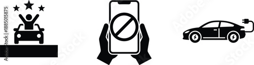 Car safety and control icons showing accident alert mobile restriction and electric vehicle charging status symbols illustration design.