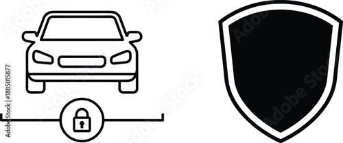 Car security protection icons showing vehicle lock system and shield symbol automobile safety insurance concept design illustration set.